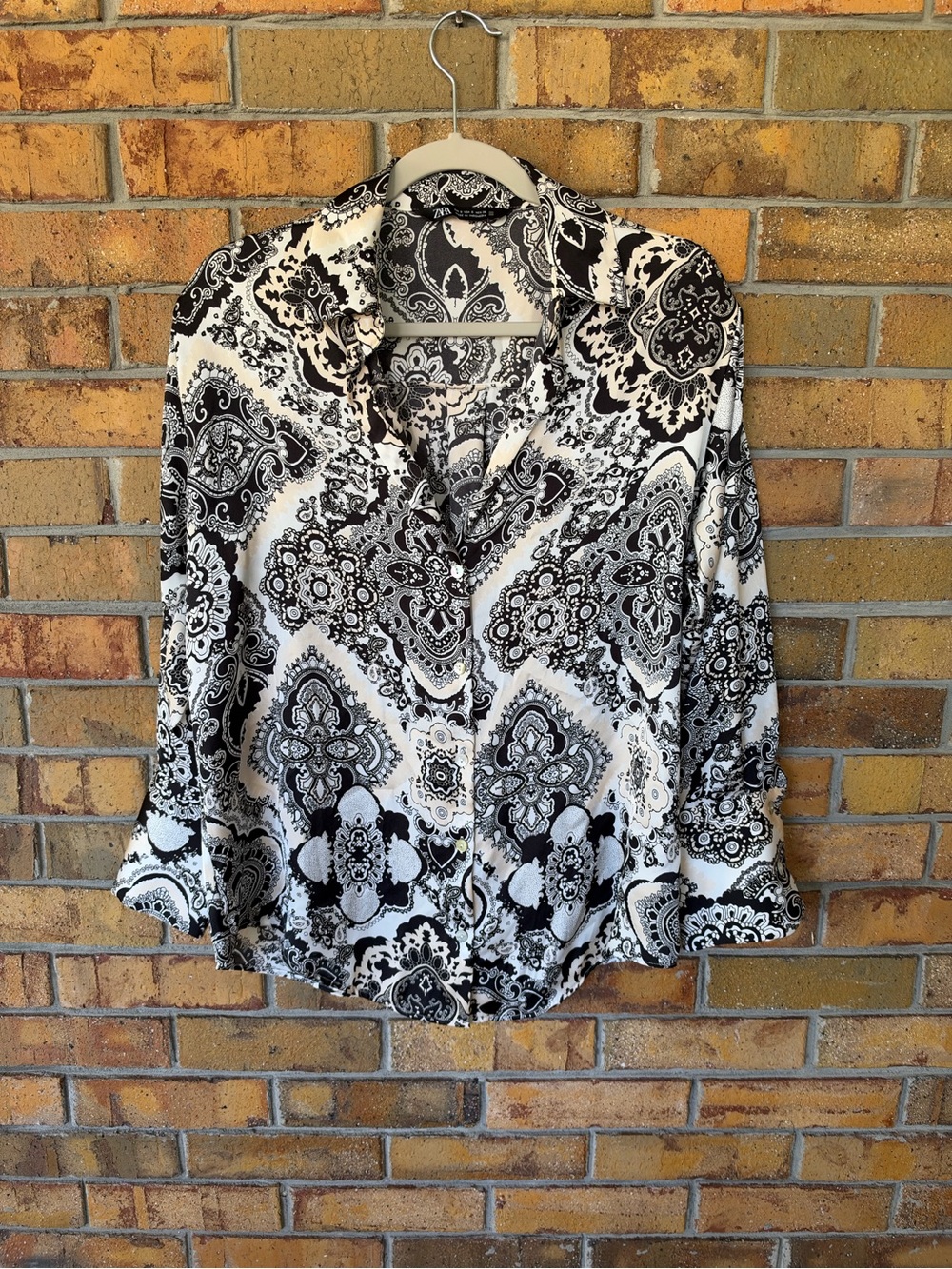Zara Black White Paisley Floral Button Front Long Sleeve Blouse Size S